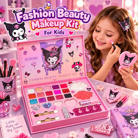 Pink fashion beauty makeup kit for kids with colorful makeup-style accessories and brushes