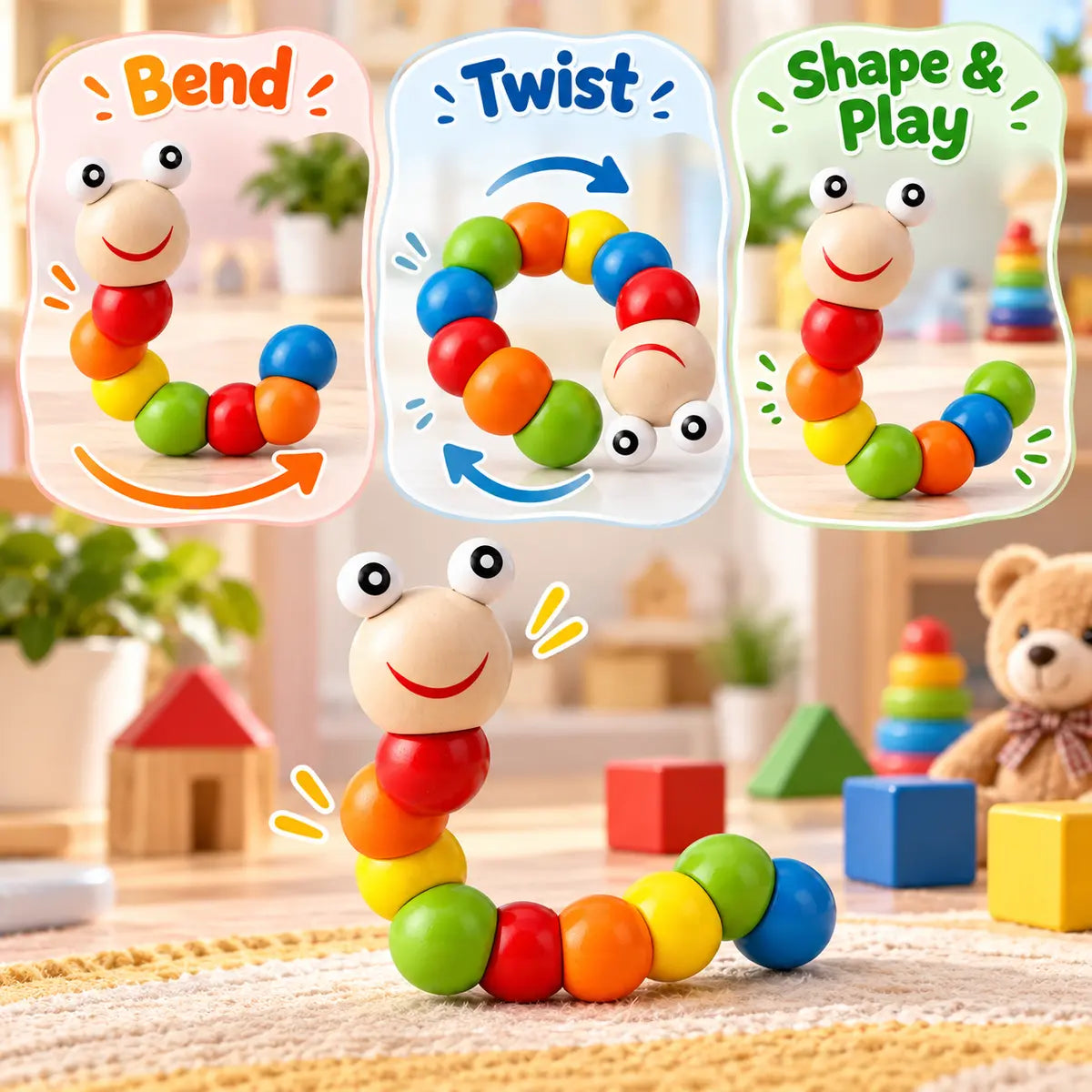Flexible Wooden Caterpillar Twist Toy for Kids - Toynix.pk