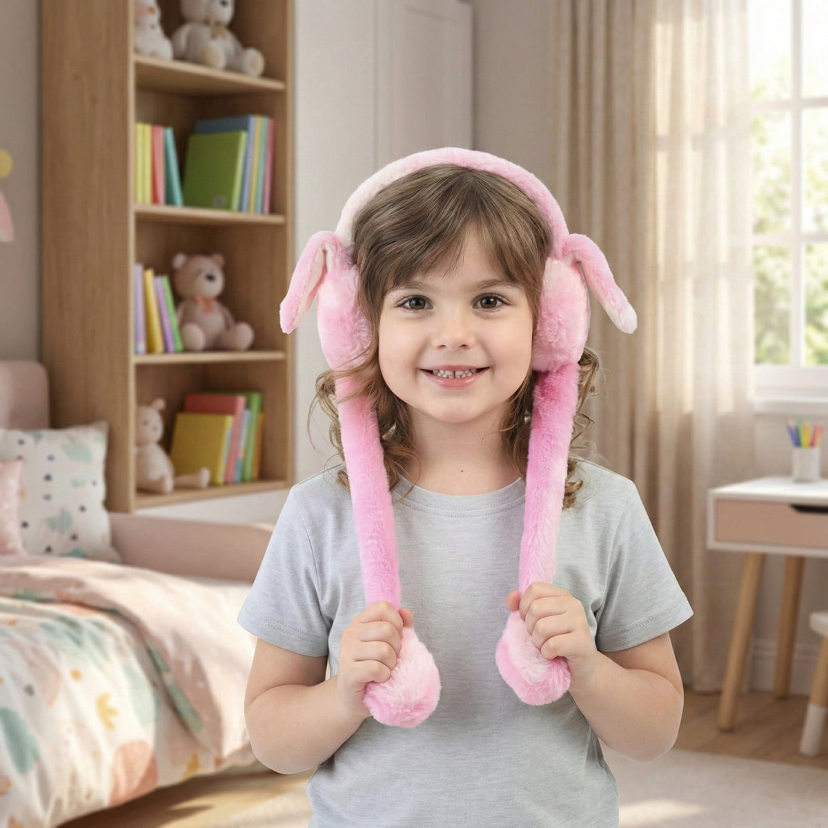 Bunny Earmuffs With Moving Ears - Soft Rabbit Warm Earmuffs For Kids (Pink)
