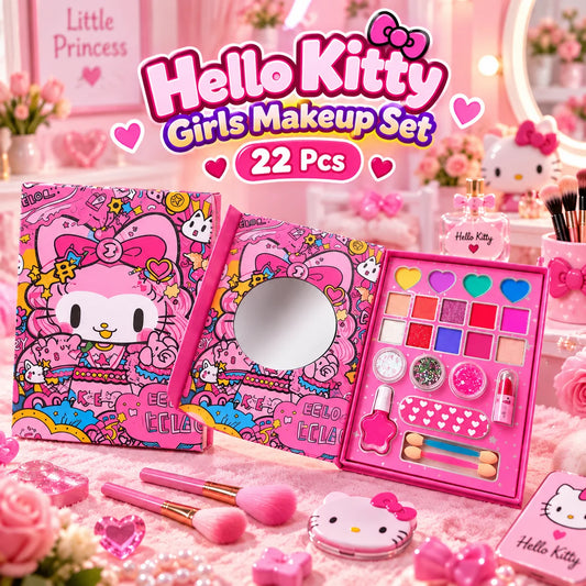 Hello Kitty girls makeup set 22 pieces with pink beauty case, mirror, colorful makeup-style accessories and brushes