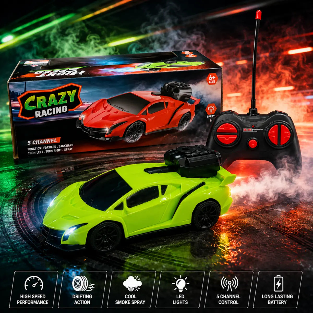 High Speed Remote Control Spray Car with Smoke Effect LED Lights Random Color