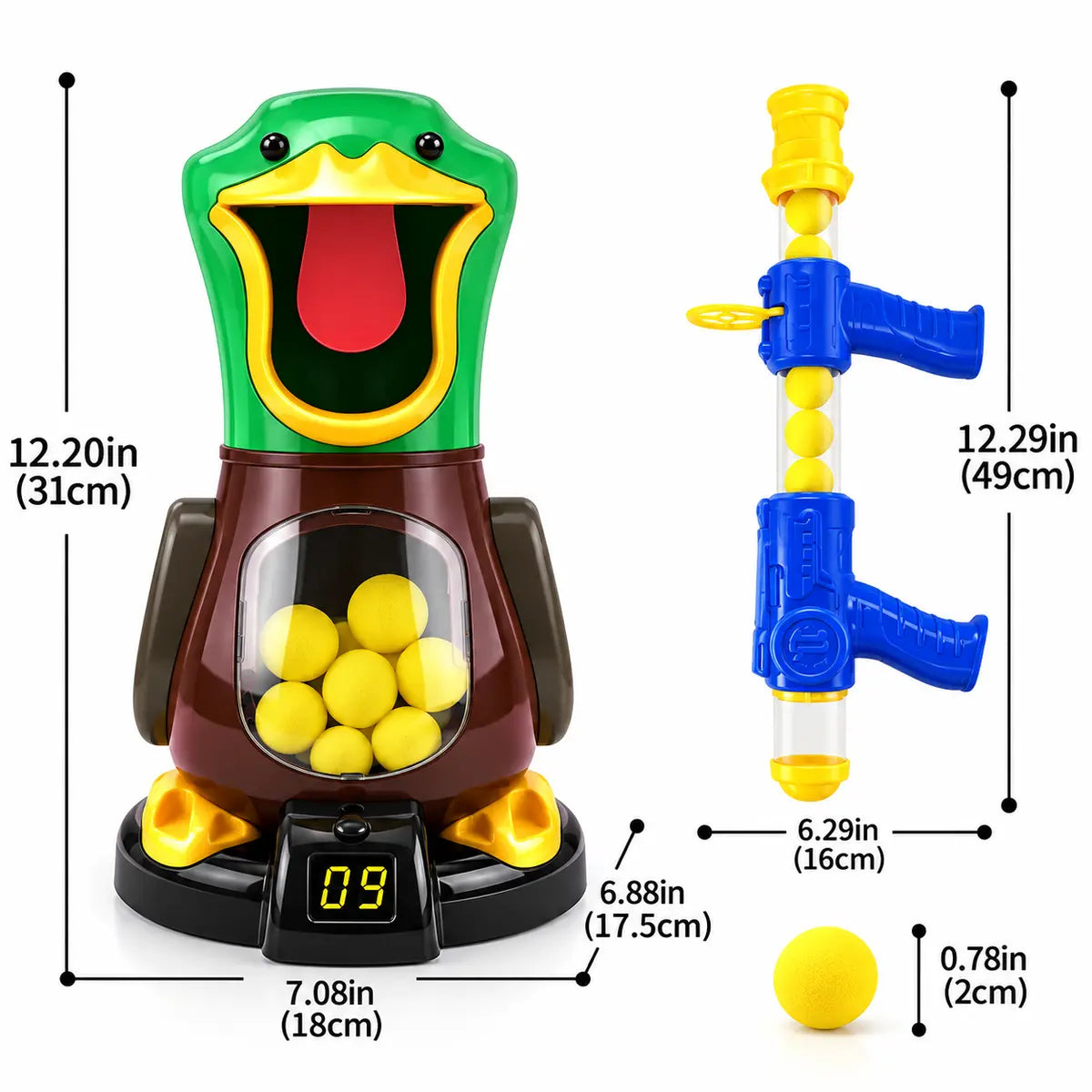 Hungry Duck target shooting game toy with ball launcher and accessories for kids