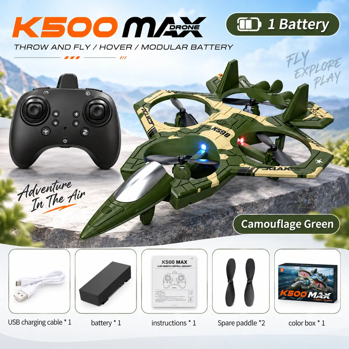 K500 Max RC Fighter Jet Drone for Kids & Adults (Random Color)