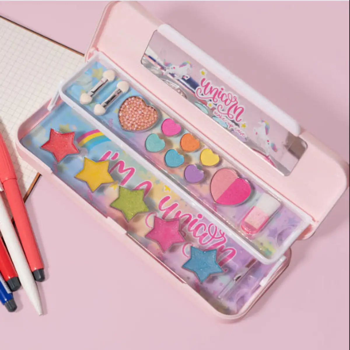 Kids Makeup and Stationery Box with Washable Eyeshadow Set and Applicators