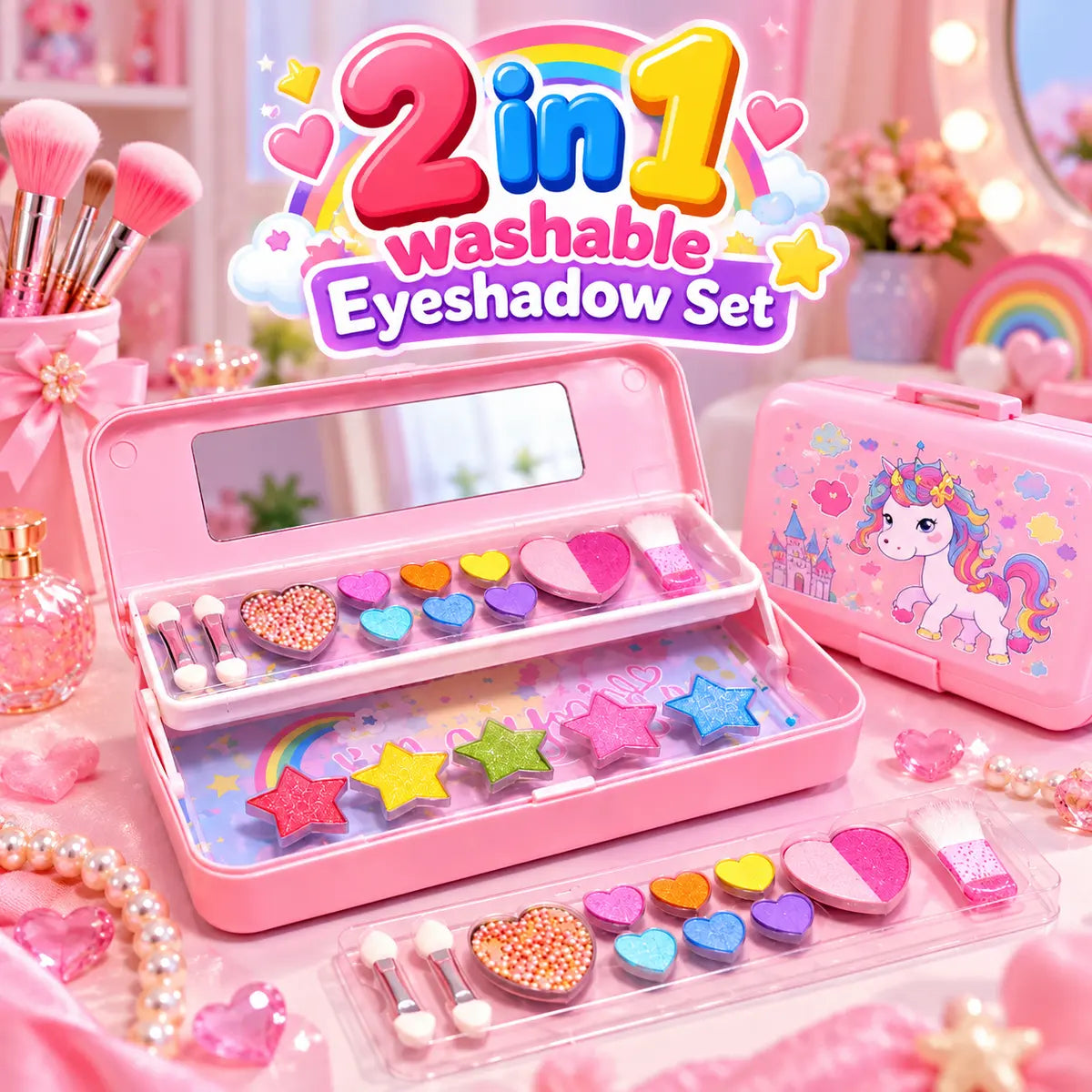 Kids Makeup and Stationery Box with Washable Eyeshadow Set and Applicators