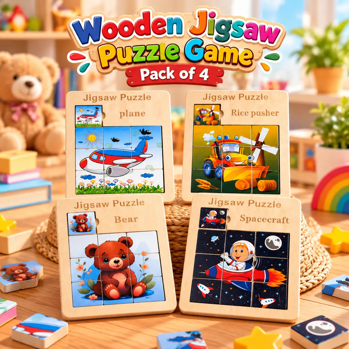 Kids Wooden Jigsaw Puzzle Solving Board Random Design Educational Toy