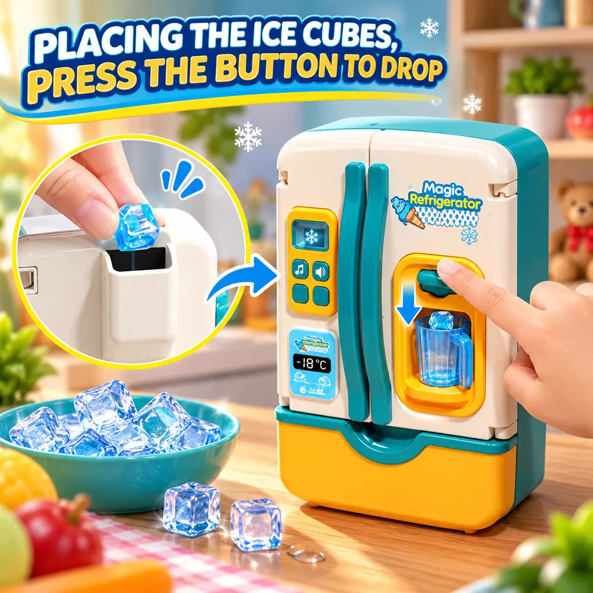 Kids refrigerator toy with realistic ice dispenser, lights, sounds, and pretend food accessories
