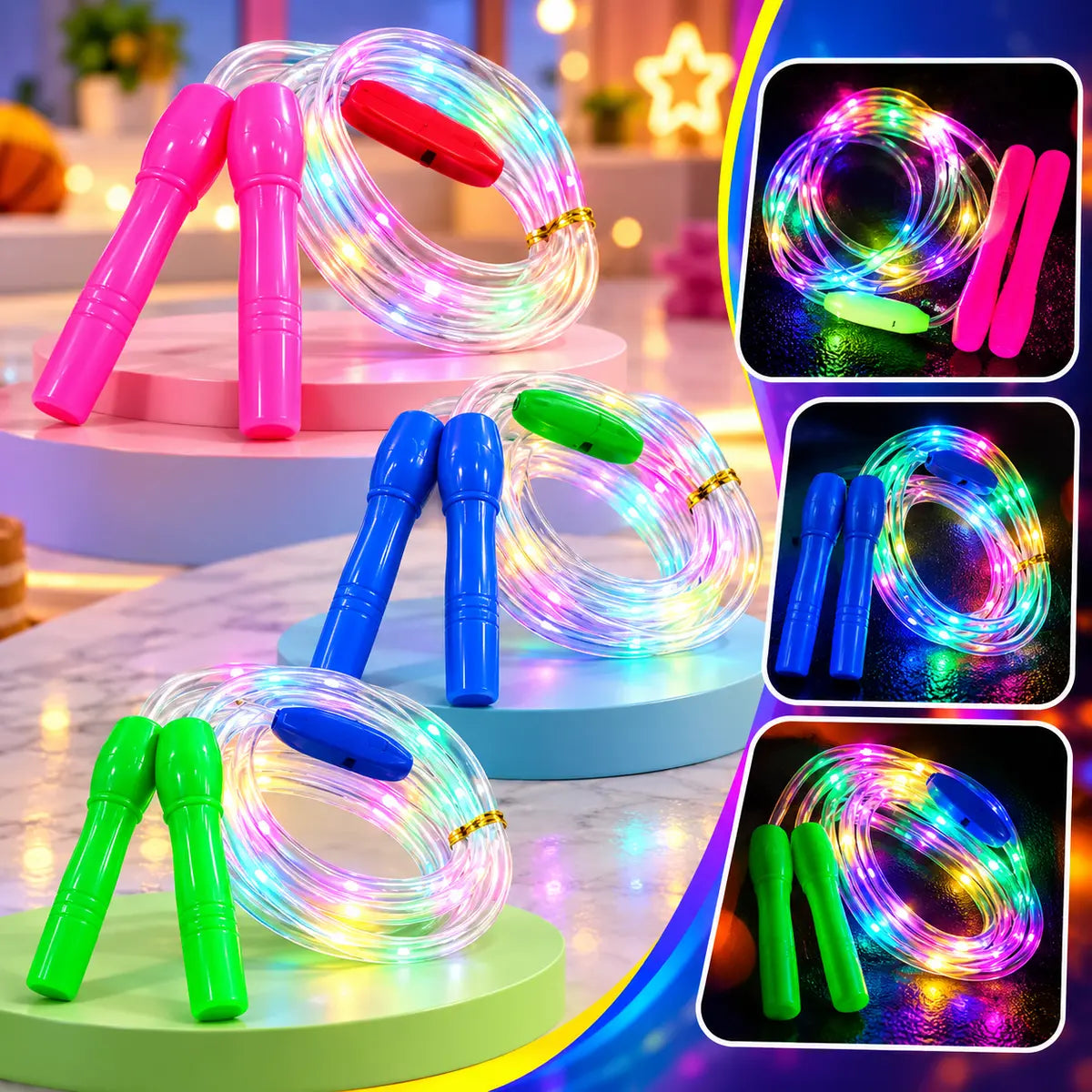 Colorful LED light up jump rope with glowing rope and anti-slip handles for kids and adults