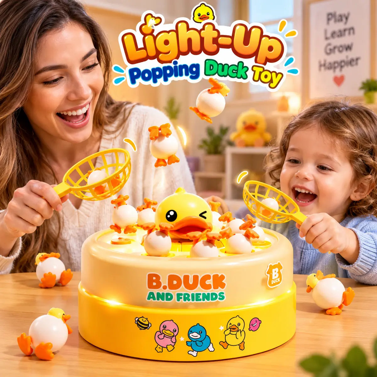 Light-up popping duck bounce and catch toy with baskets for kids