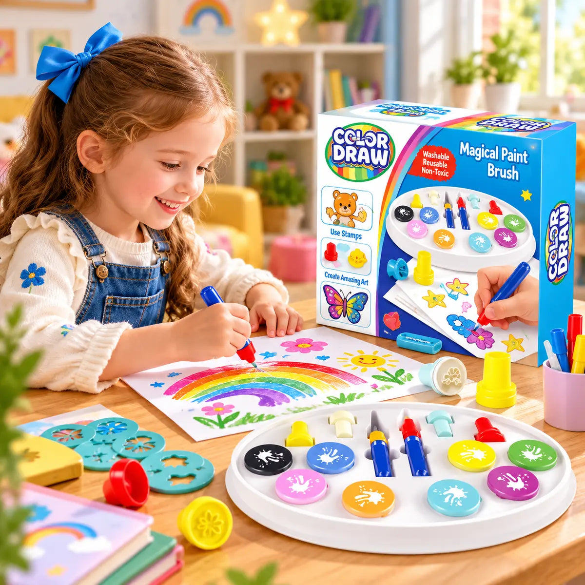 Magic Light Brush Drawing Set for Kids with Color Palette, Brushes and Drawing Sheets