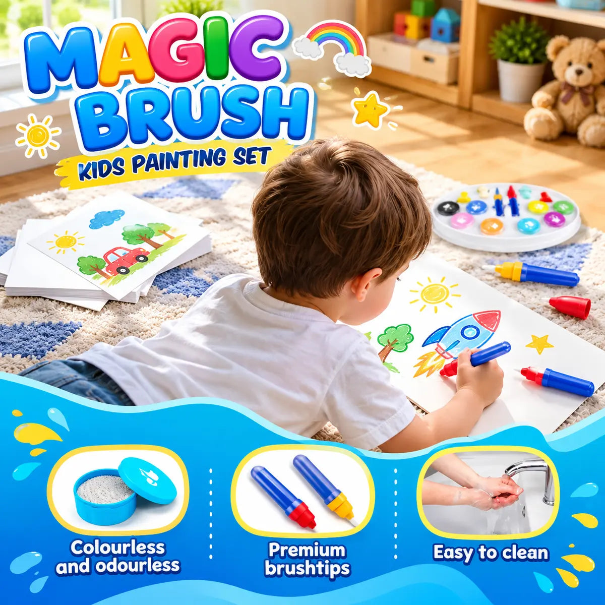 Magic Light Brush Drawing Set for Kids with Color Palette, Brushes and Drawing Sheets