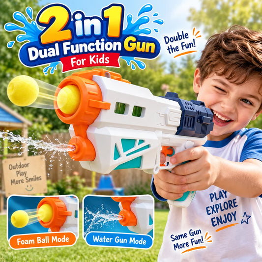 2 in 1 dual function kids toy with foam ball launcher and water spray mode for outdoor play