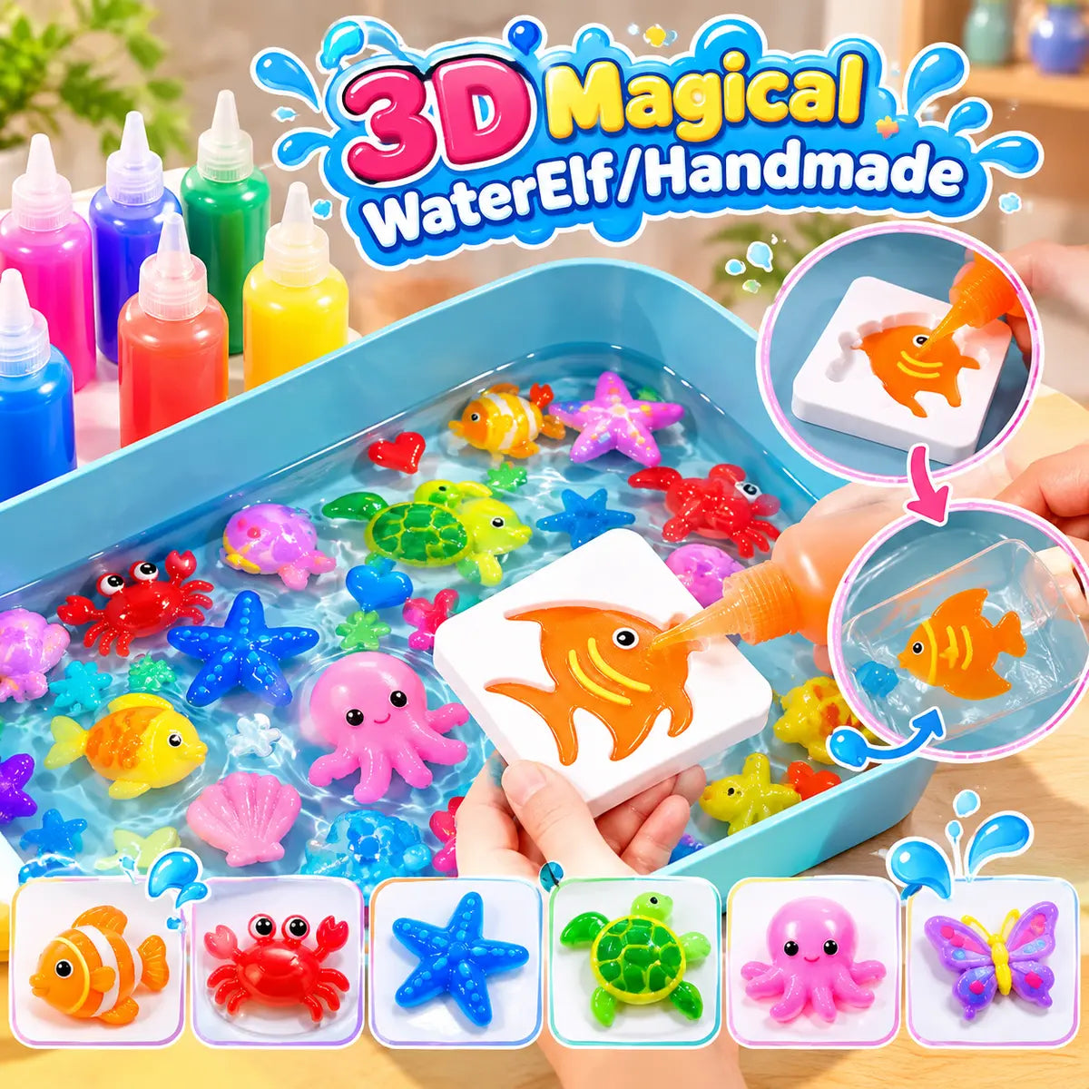 Magical Waterscape Magic Water Play Set for Kids with Colorful Gel Bottles, Animal Molds and DIY Craft Accessories