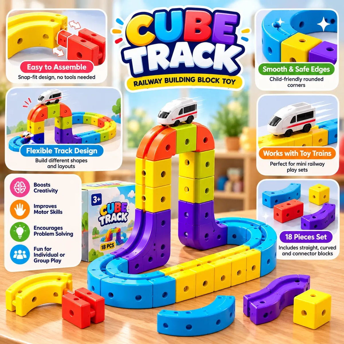Magnetic Cube Track Train Set for Kids 18pcs with colorful railway building blocks and toy trains