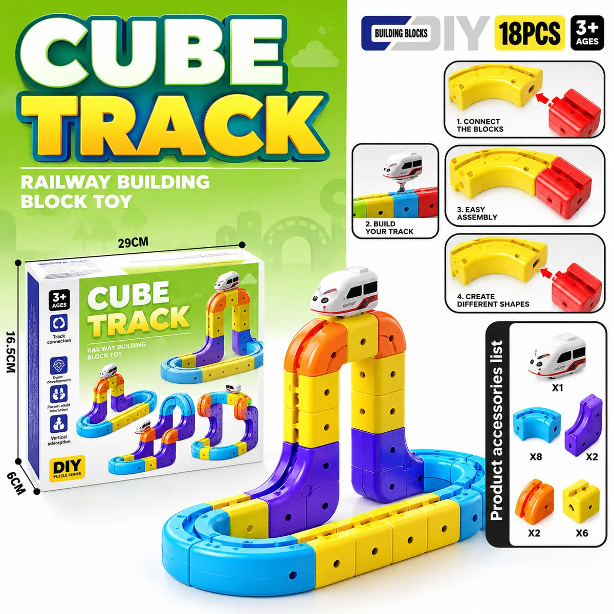 Magnetic Cube Track Train Set for Kids 18pcs with colorful railway building blocks and toy trains