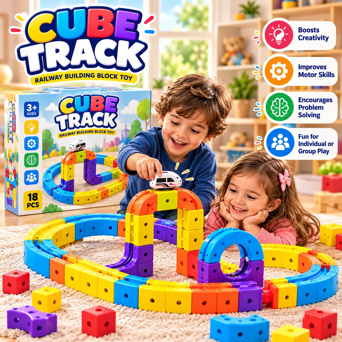 Magnetic Cube Track Train 18 Pieces Set for Kids  (LEAO-08)