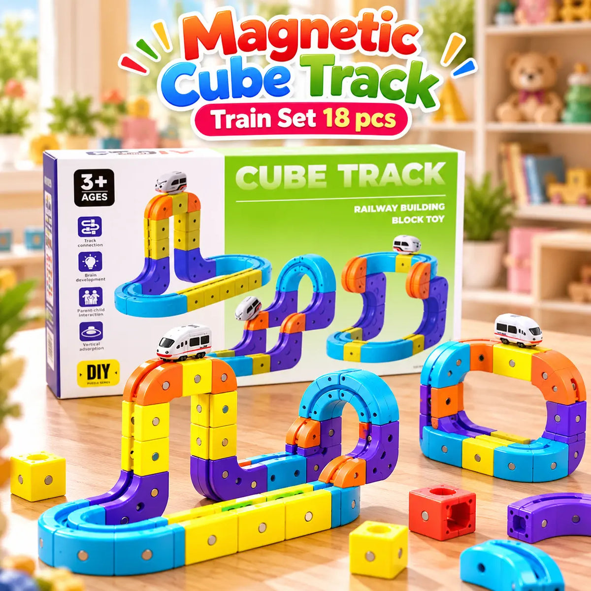 Magnetic Cube Track Train Set for Kids 18pcs with colorful railway building blocks and toy trains
