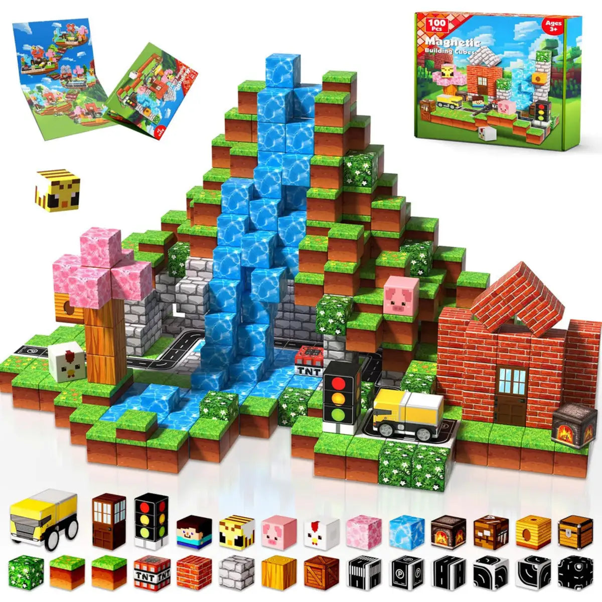 Minecraft-inspired magnetic building blocks cubes 100-piece construction set for kids