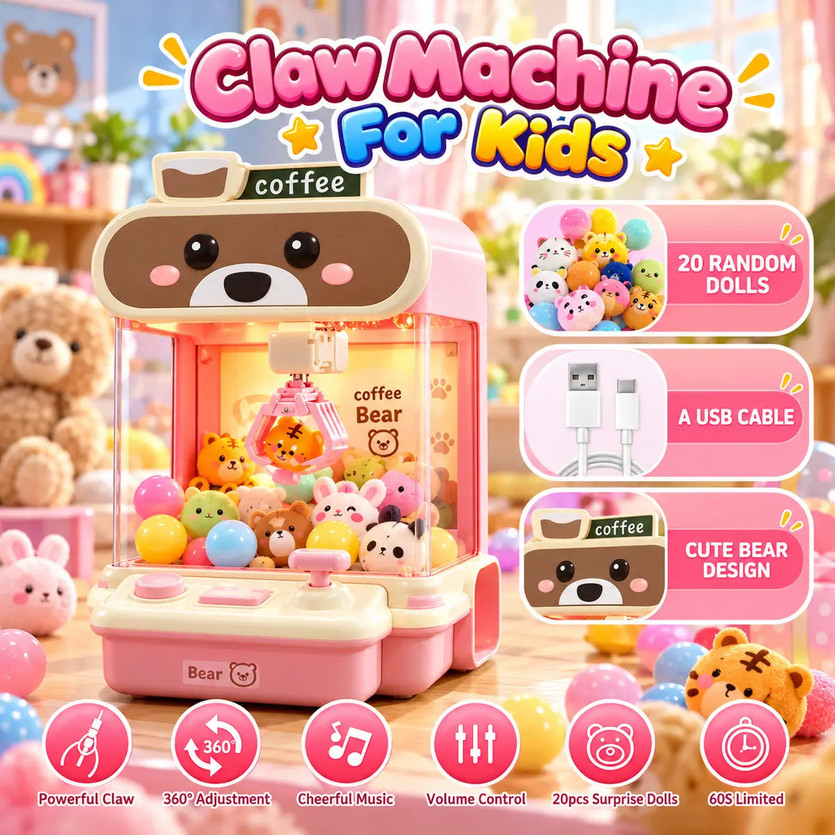 Mini Coffee Bear Claw Machine for Kids with 20 Surprise Dolls - Toynix.pk