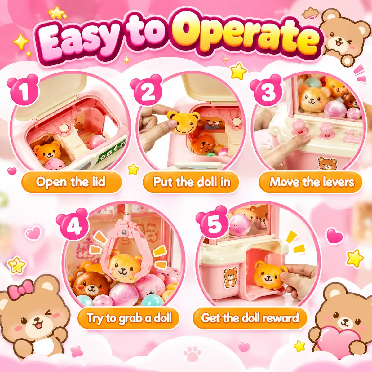 Mini Coffee Bear Claw Machine for Kids with 20 Surprise Dolls - Toynix.pk