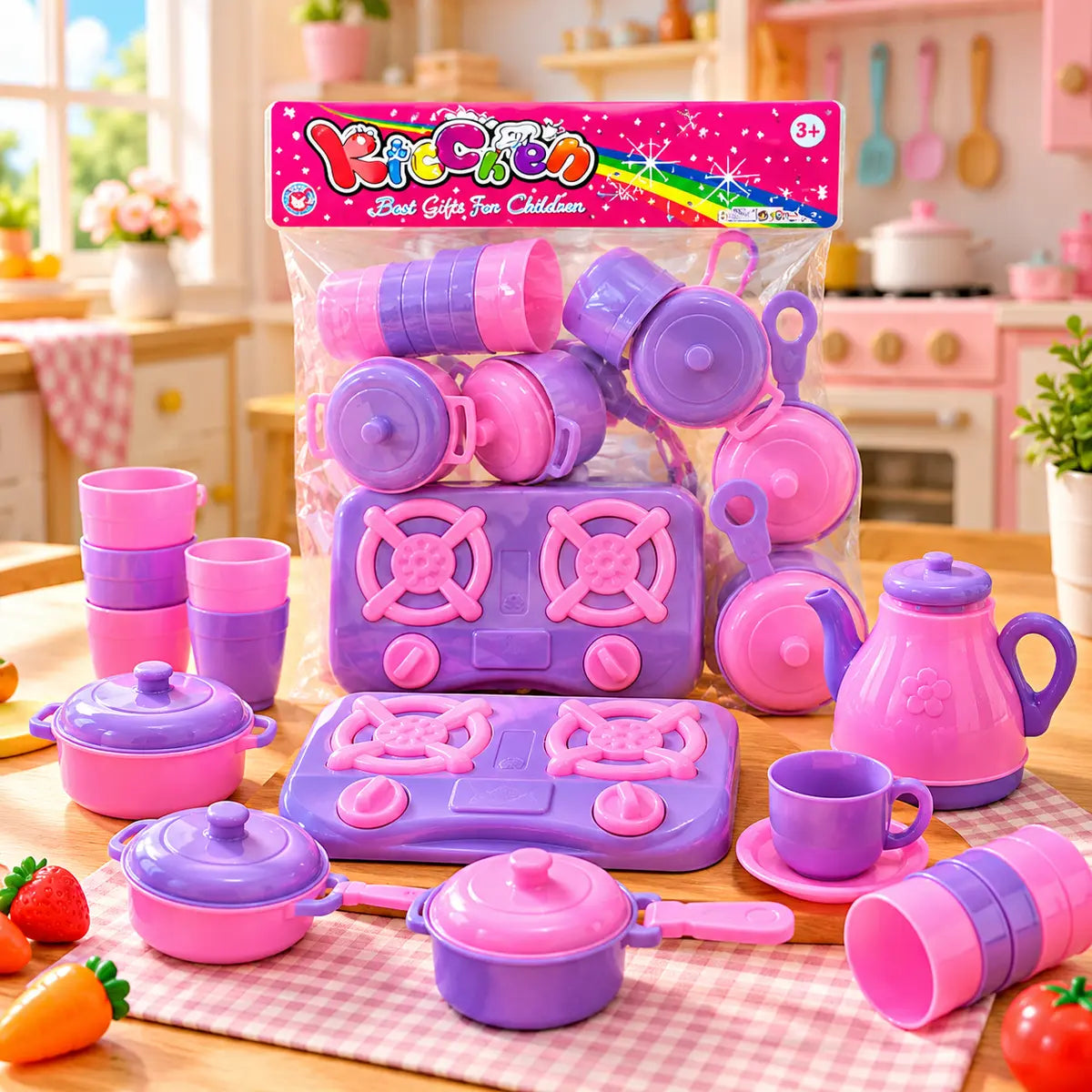 kids kitchen play set with toy stove pots pans and cooking accessories for pretend play