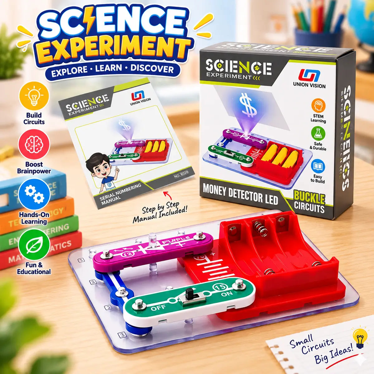 Money Detector Science Experiment Kit with packaging and money on a wooden surface