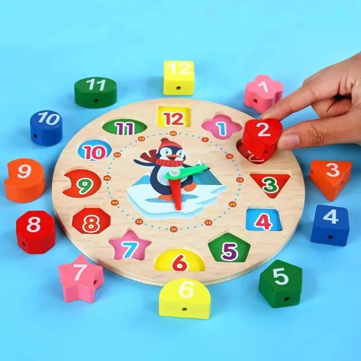Montessori wooden clock for kids with colorful numbered shape pieces and movable hands