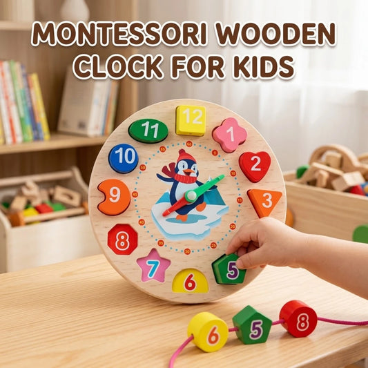 Montessori wooden clock for kids with colorful numbered shape pieces and movable hands