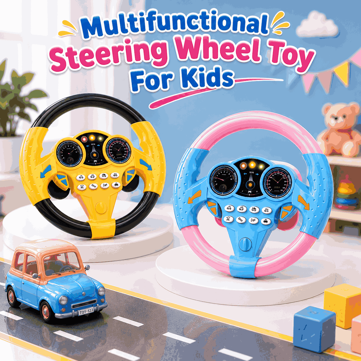Multifunctional Steering Wheel Toy Interactive Pretend Driving Toy for Kids
