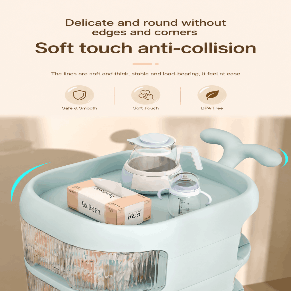 Multipurpose Baby Supplies Storage Trolley with Wheels and Transparent Drawers
