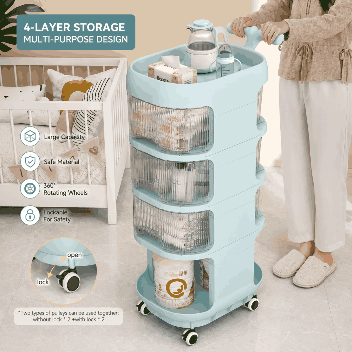 Multipurpose Baby Supplies Storage Trolley with Wheels and Transparent Drawers