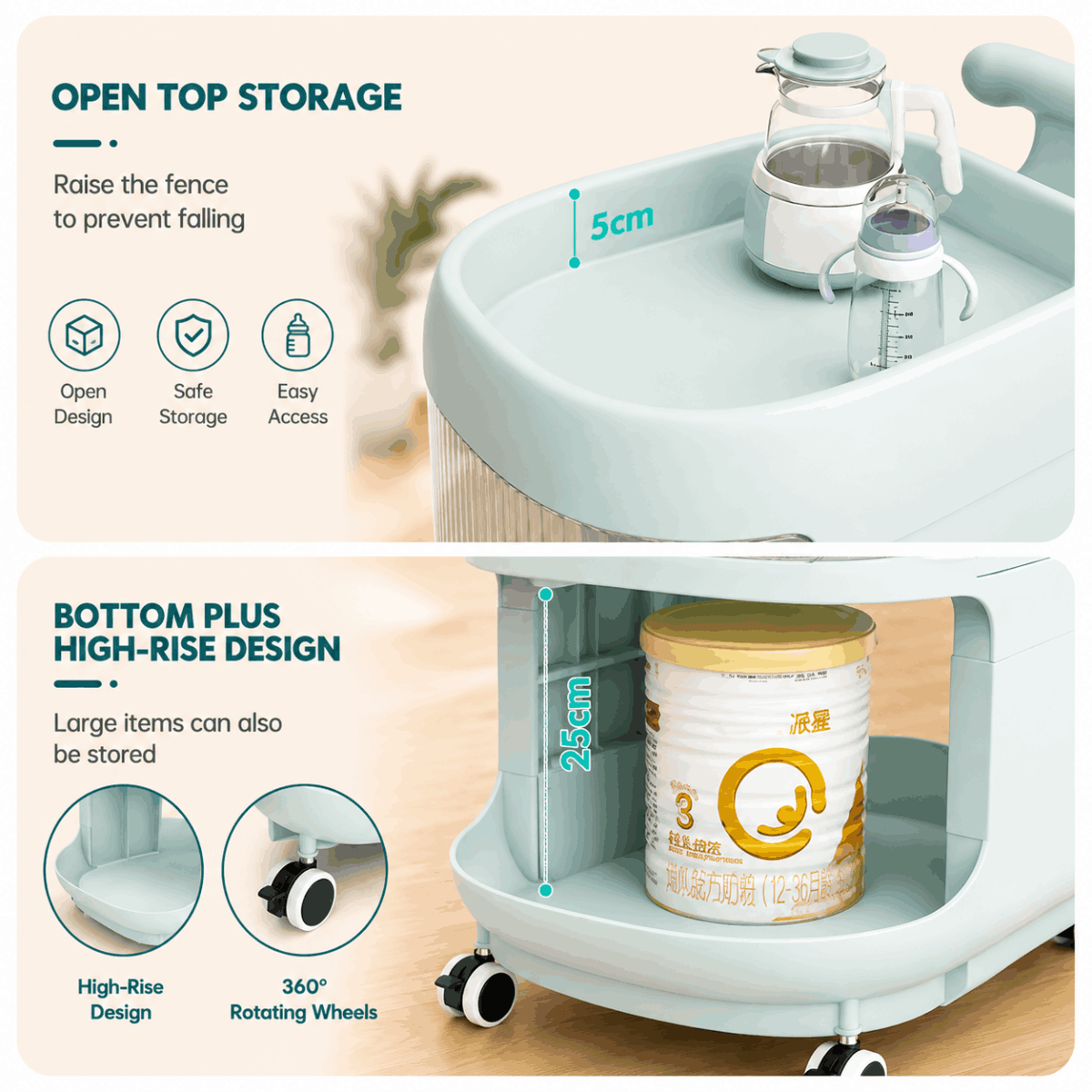 Multipurpose Baby Supplies Storage Trolley with Wheels and Transparent Drawers