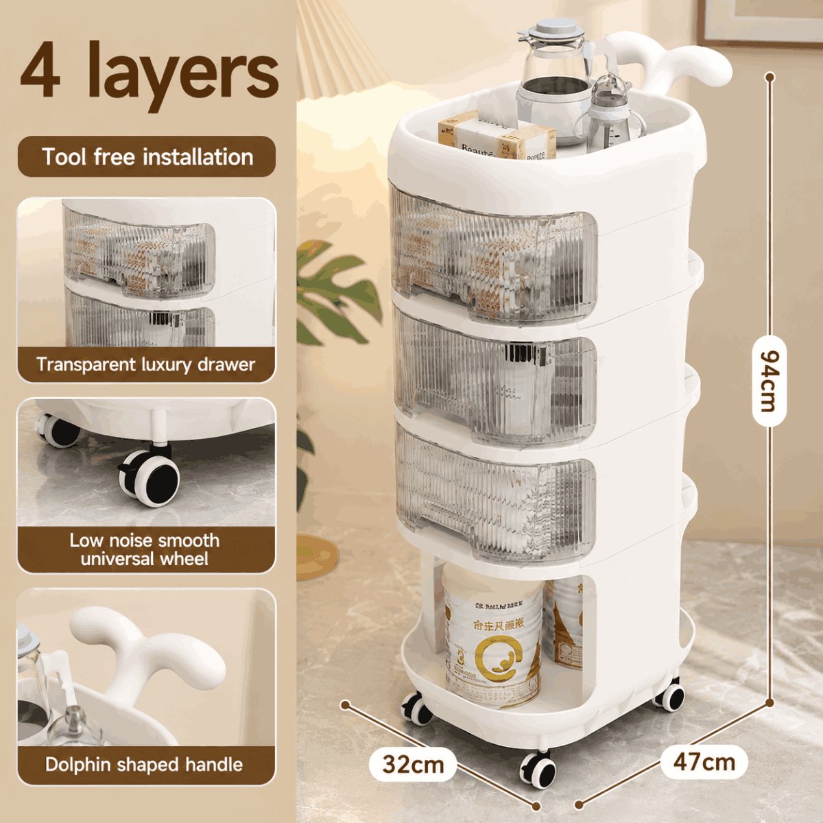 Multipurpose Baby Supplies Storage Trolley with Wheels and Transparent Drawers