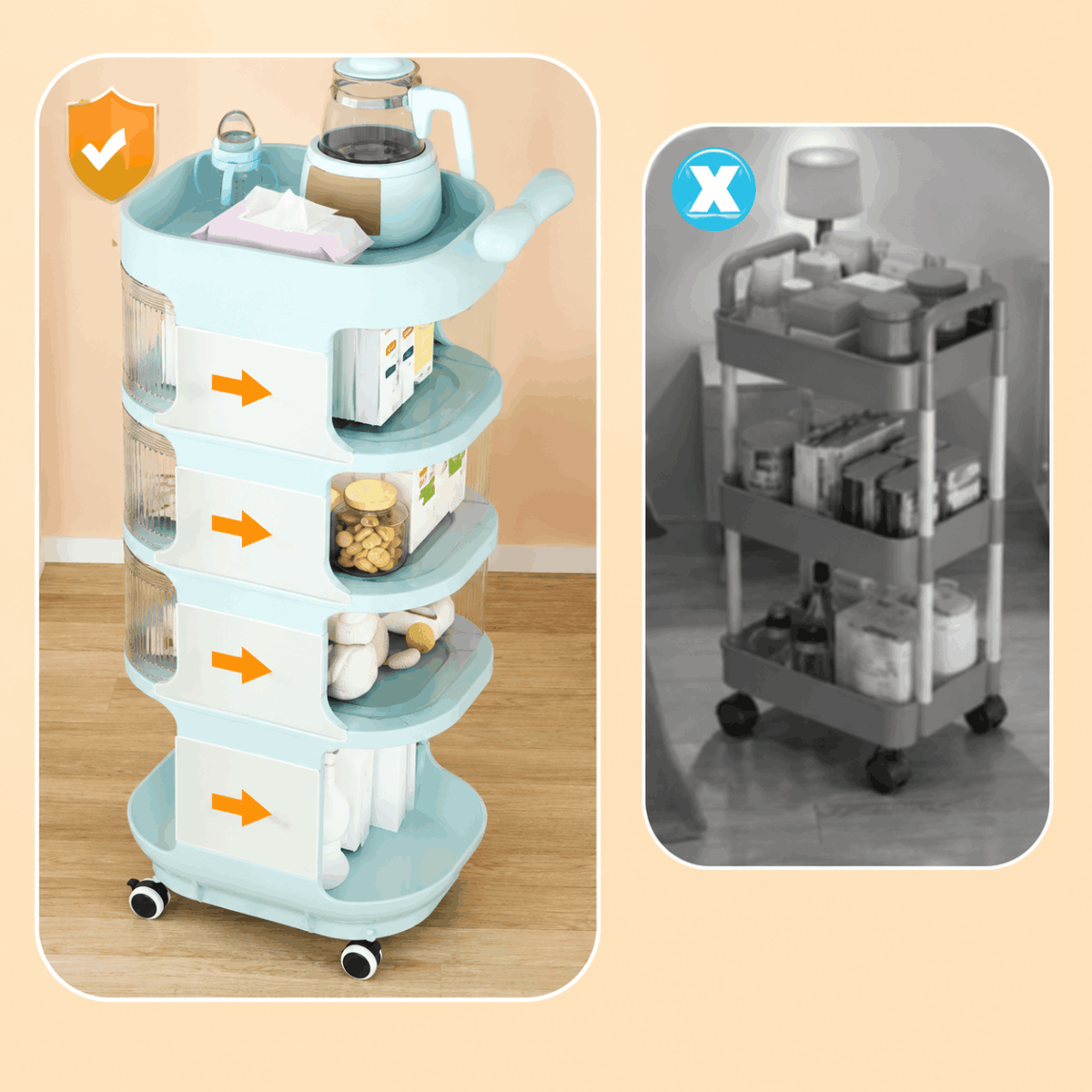 Multipurpose Baby Supplies Storage Trolley with Wheels and Transparent Drawers