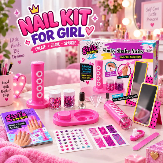 Shaky Shake nail kit for girls with manicure and pedicure accessories and colorful nail art decorations