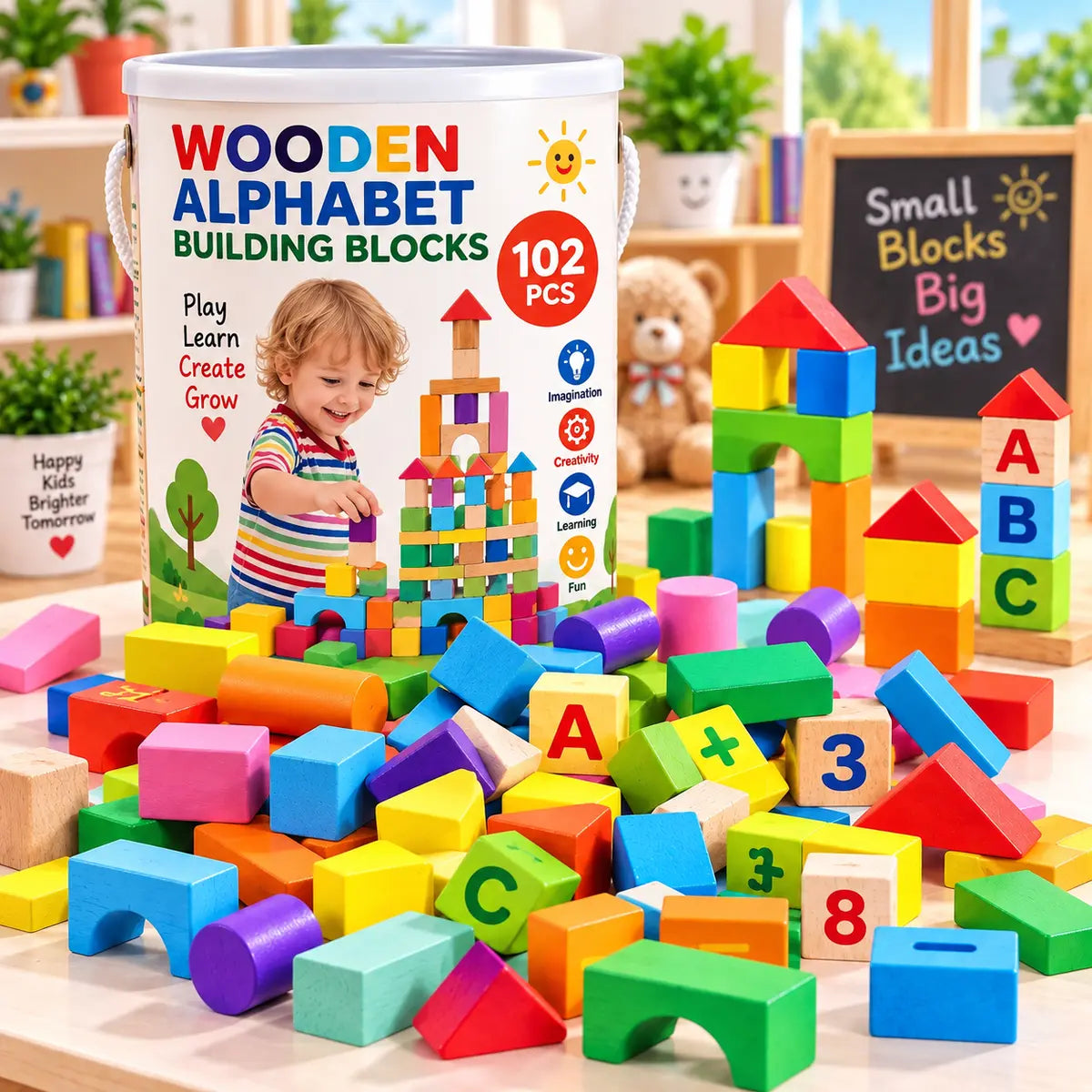 102 pcs colorful number and alphabet building blocks set with storage bucket for kids