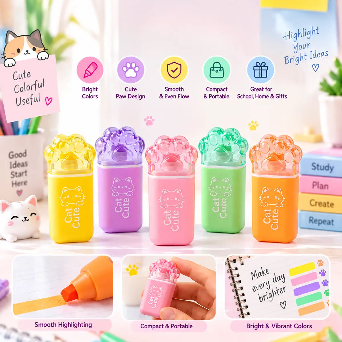 Pack of 6 pastel highlighters for kids in cute colorful designs