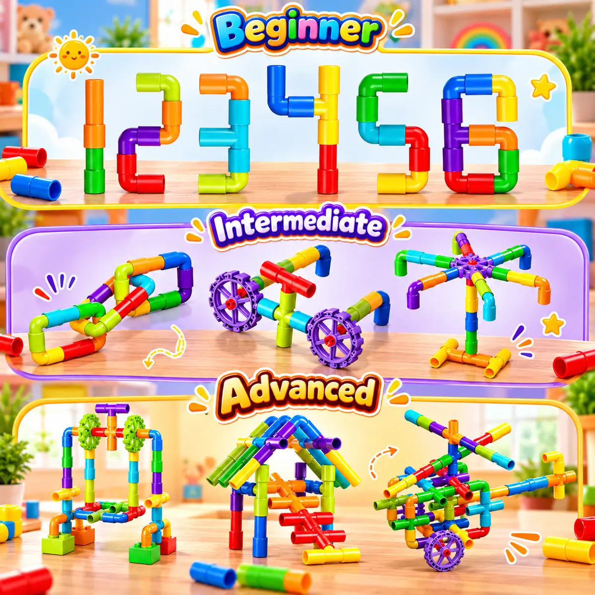 Colorful Creative Pipe Puzzle Building Blocks for Kids With Wheels