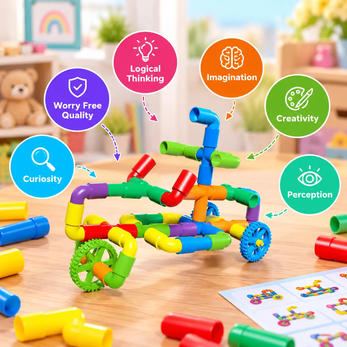 Colorful Creative Pipe Puzzle Building Blocks for Kids With Wheels