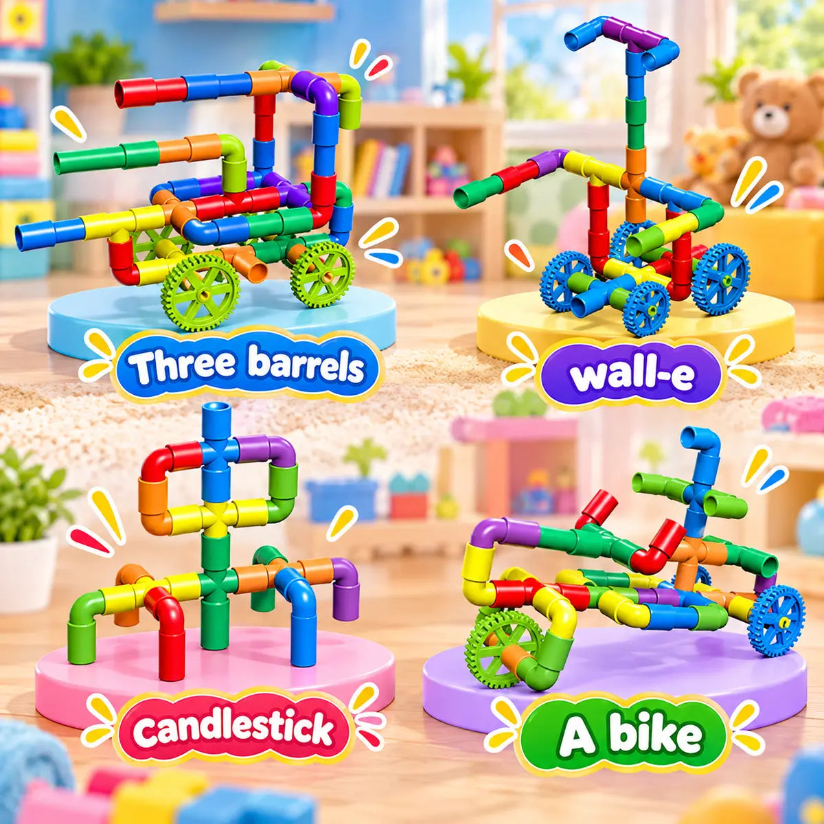 Colorful Creative Pipe Puzzle Building Blocks for Kids With Wheels (64 Pcs | 5117)