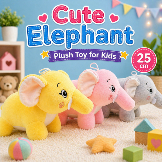 Three colorful elephant plush toys on a carpeted floor with toys and decorations around.