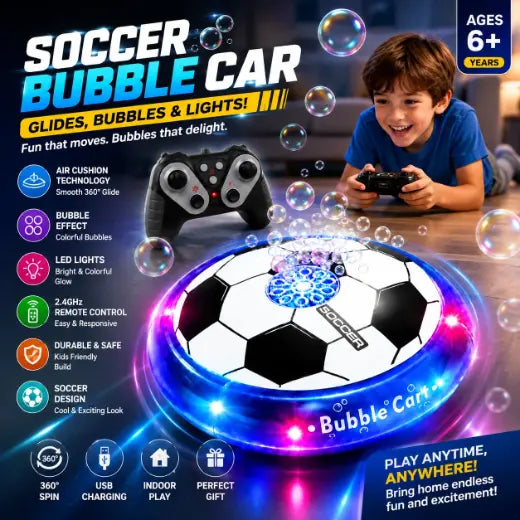 RC Bubble Soccer Hover Ball Toy with colorful LED lights, bubble-blowing feature 