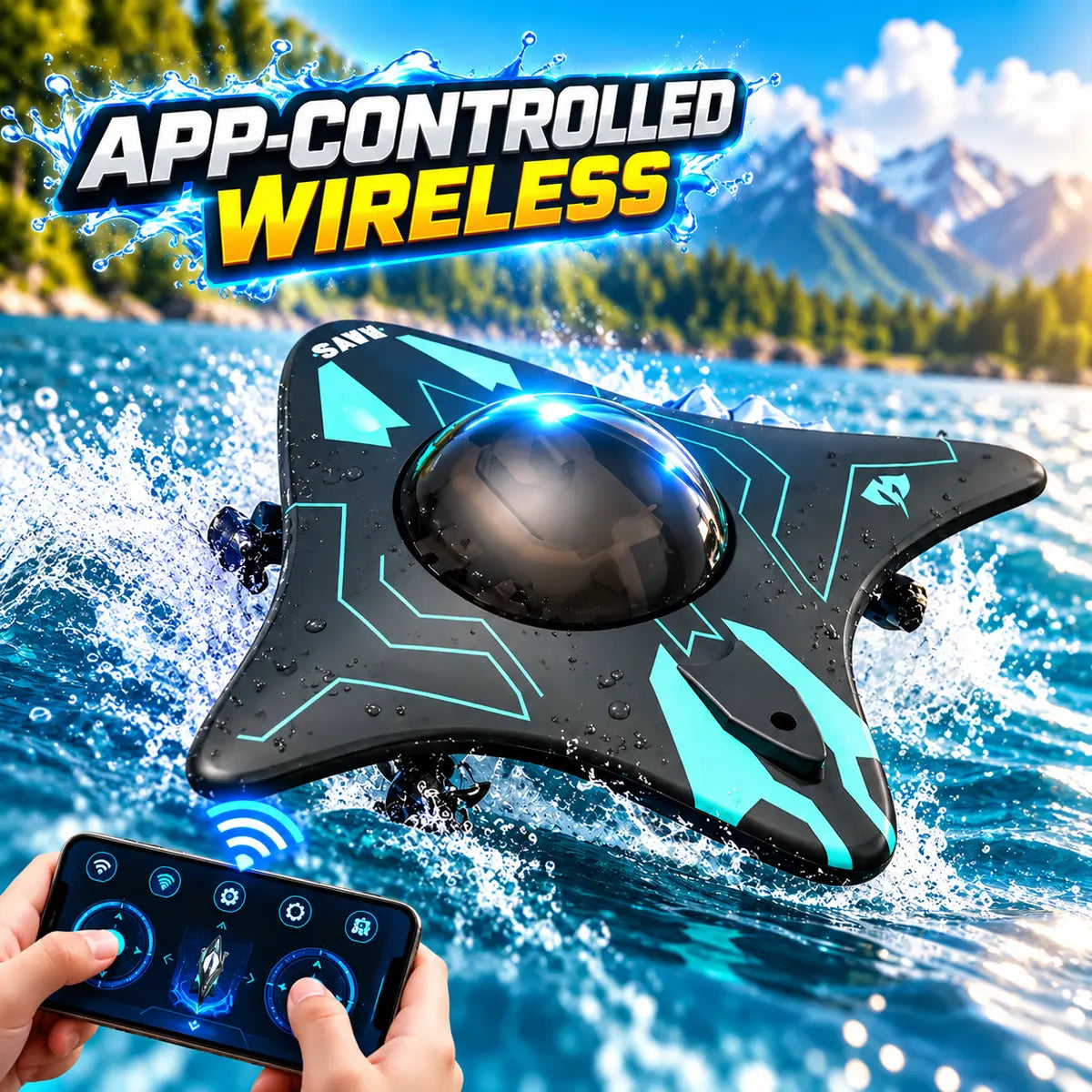 RC Manta Ray Boat with futuristic techno print and biological manta ray design
