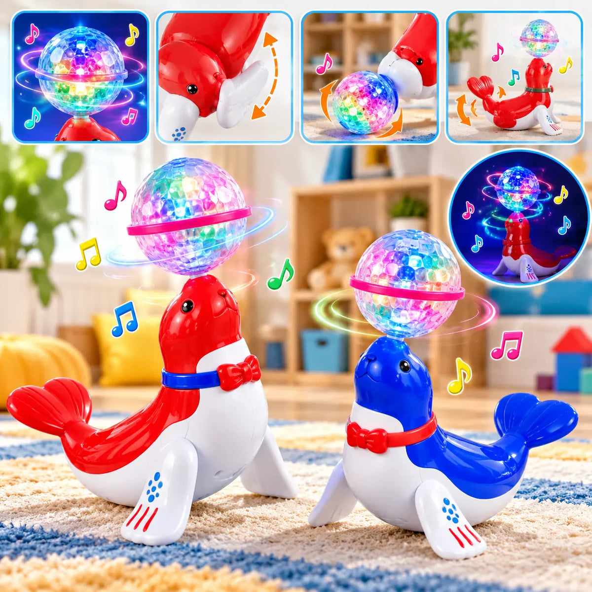 Interactive Sea Lion Toy with colorful light-up ball, music and 360-degree rotating movement 