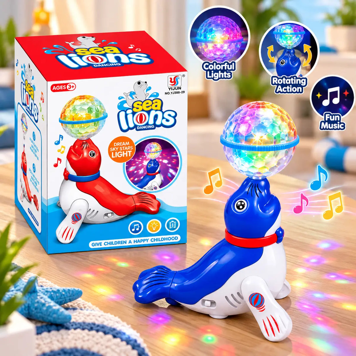 Interactive Sea Lion Toy with colorful light-up ball, music and 360-degree rotating movement 