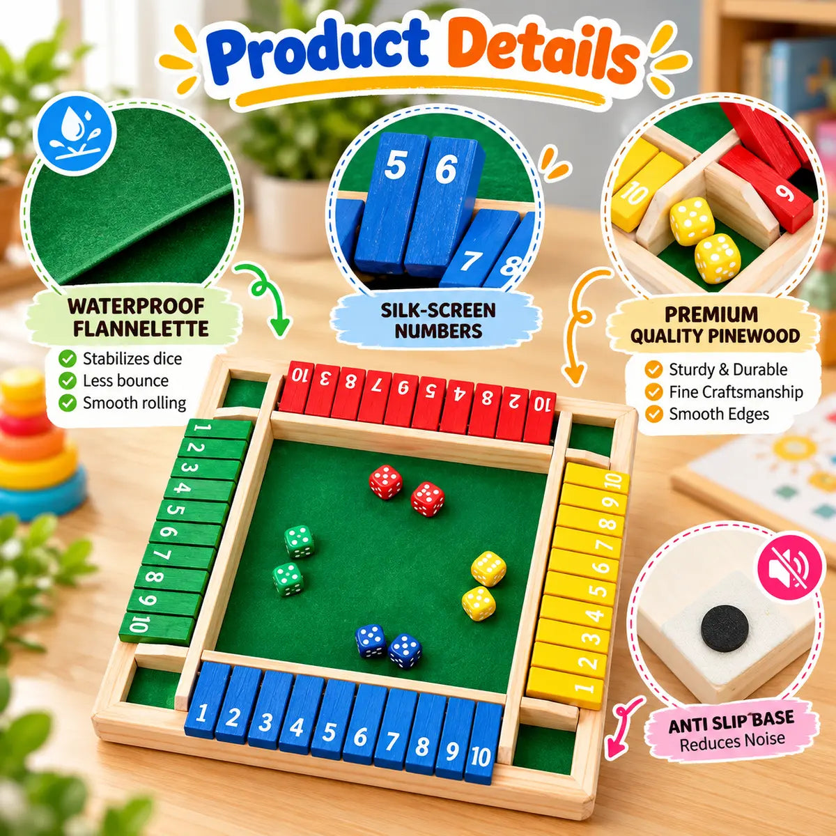Shut The Box Wooden Dice Math Board Game for 2 to 4 Players