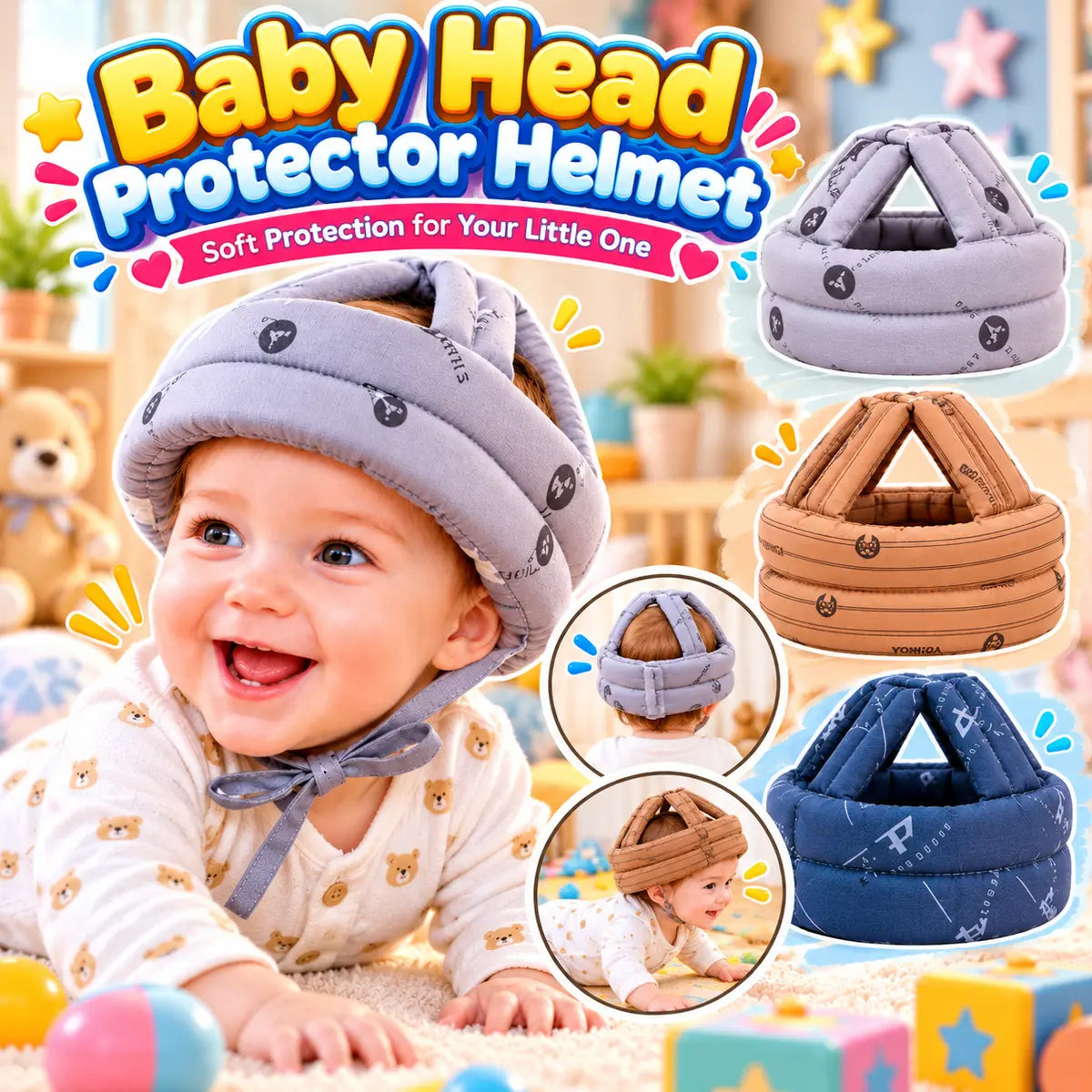 Soft Baby Head Protection Helmet for toddlers with padded cushioning and tie straps