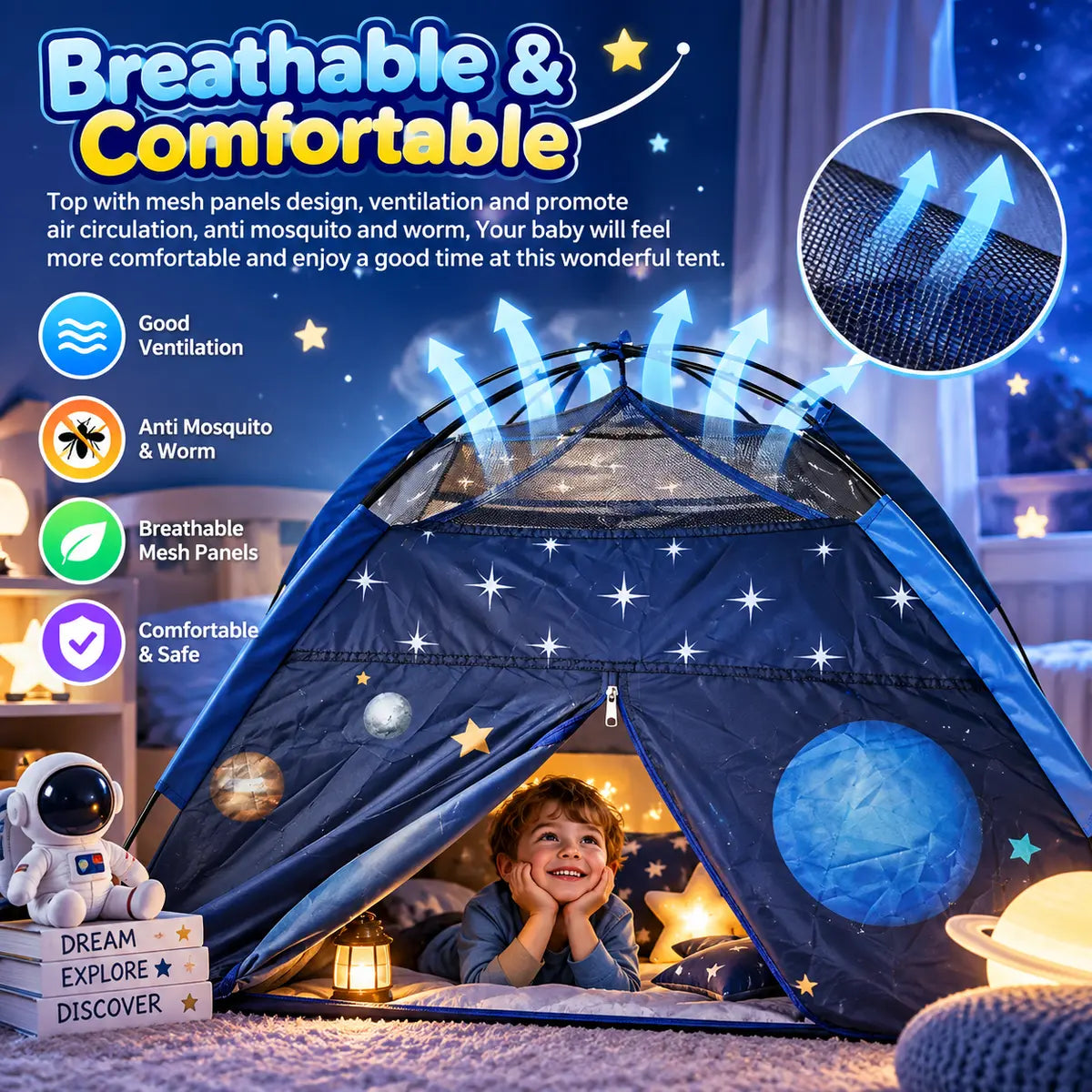 Child playing in a 'Space World Galaxy Tent House' with space-themed design.