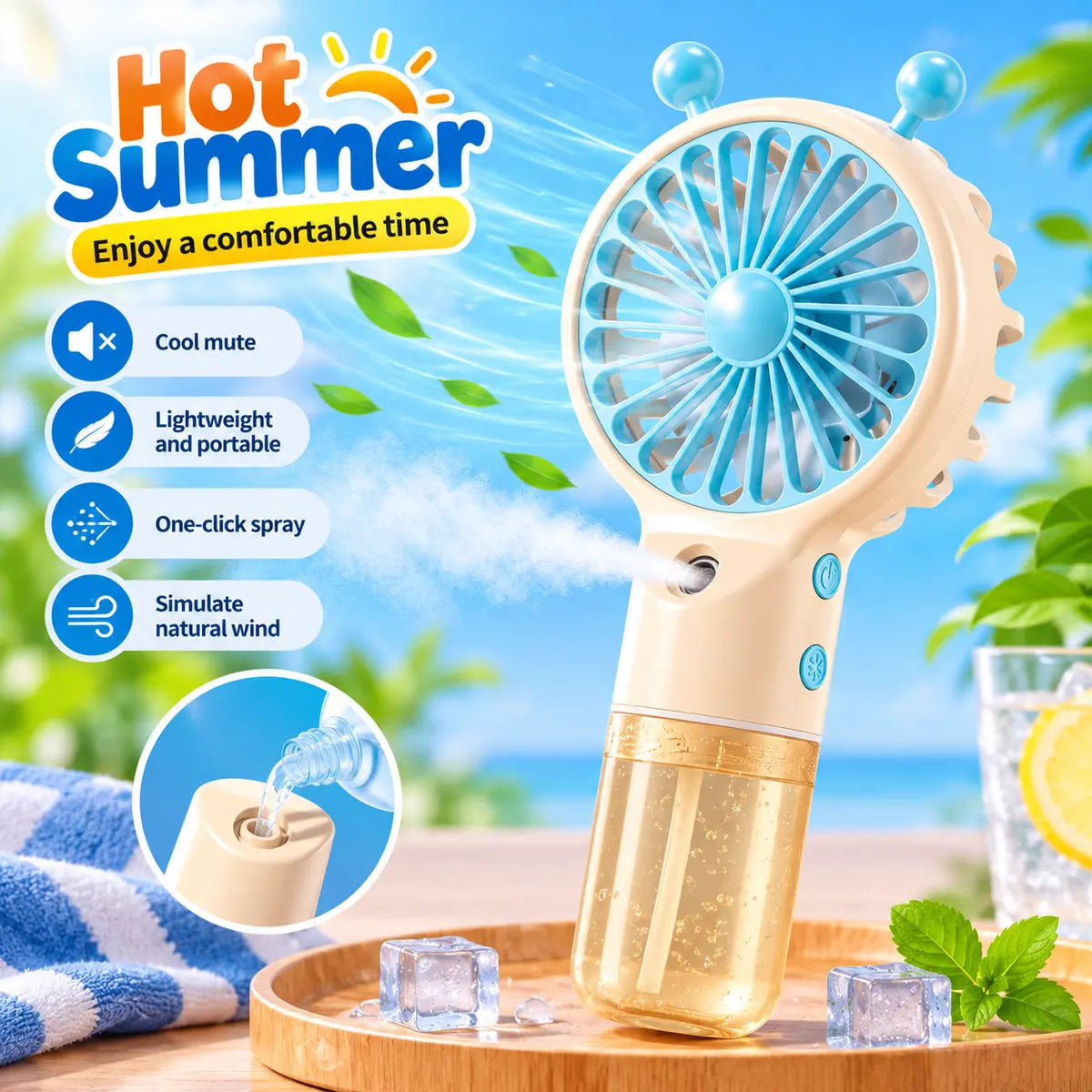 Spray Mini Rechargeable Cooling Fan with handheld mist spray for summer cooling
