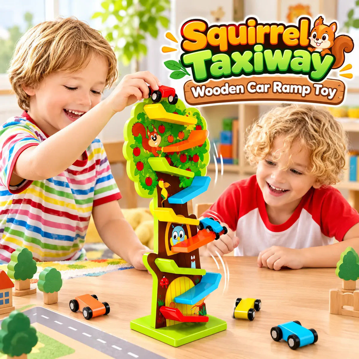 Squirrel Taxiway - Wooden Car Ramp Toy for Kids